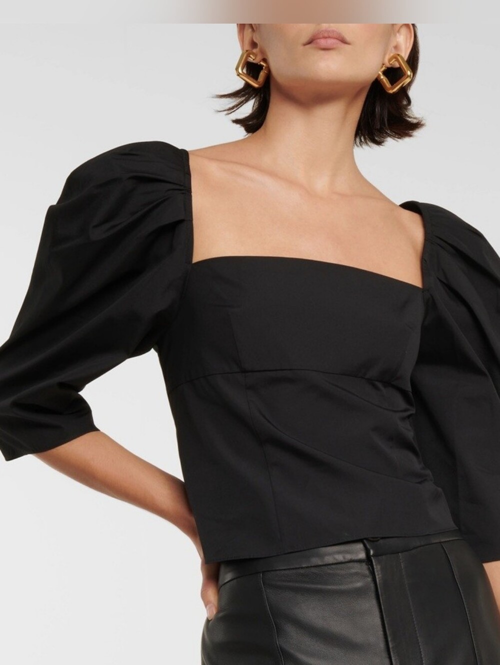 VINCE Draped 3/4 Sleeve Square Neck Poplin Top Blouse In Black NWOT Size 10